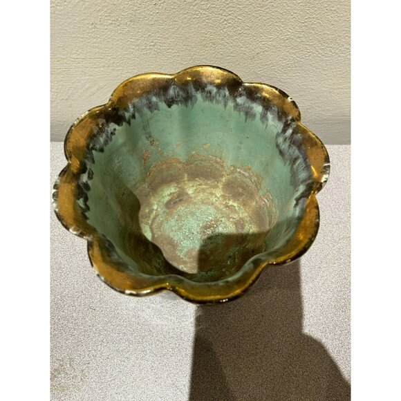 Vintage Fohr Ceramic GERMANY Green Gold Glazed drip bowl 7" - Picture 8 of 13